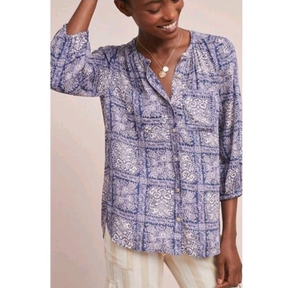 Anthropologie Akemi + Kin Coconino XS Blouse Top Button Up Purple Paisley Shirt